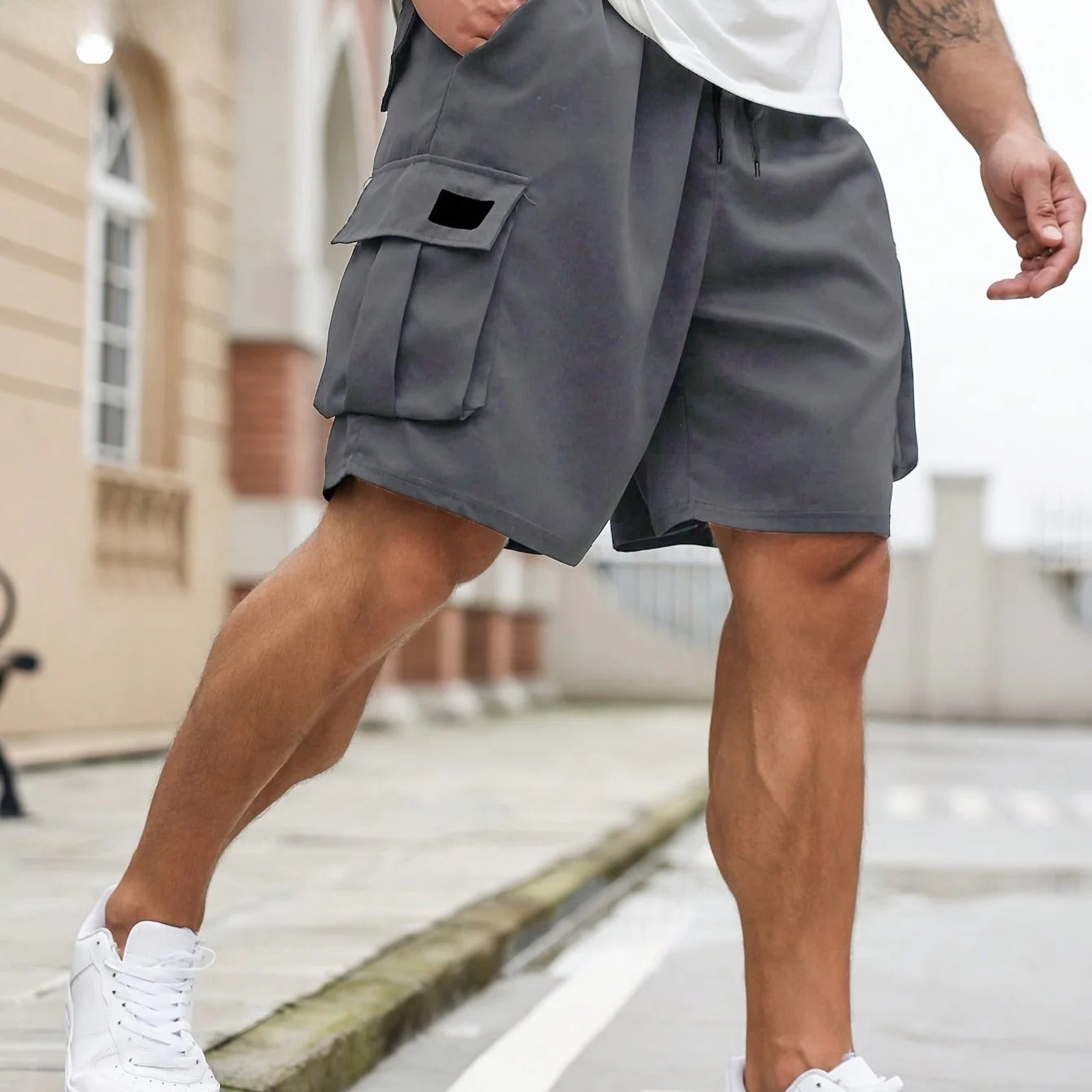 Men's Plus-size Casual Cargo Shorts with Drawstring, Elastic Waistband