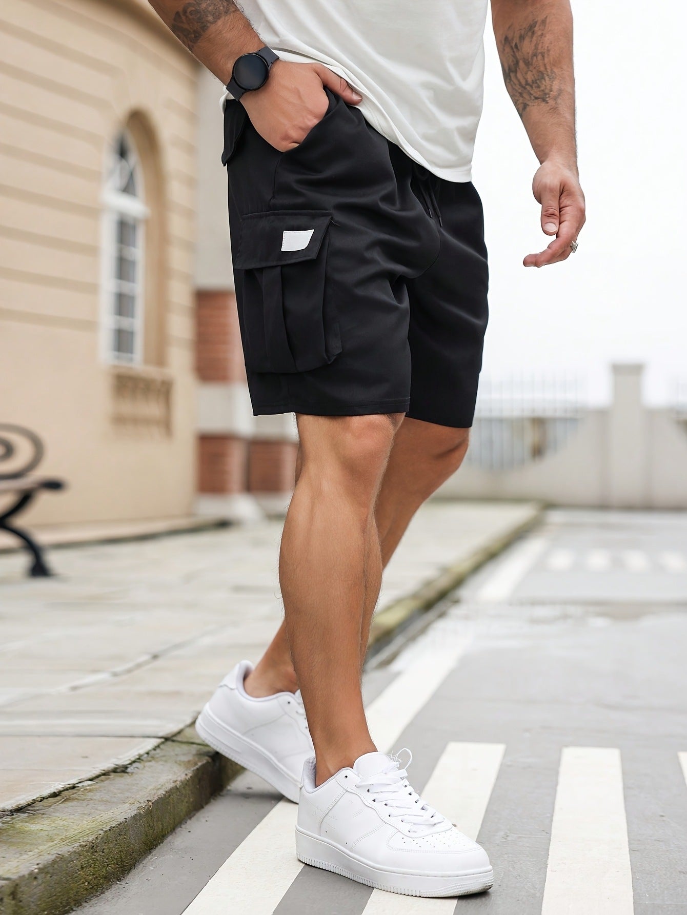 Men's Plus-size Casual Cargo Shorts with Drawstring, Elastic Waistband