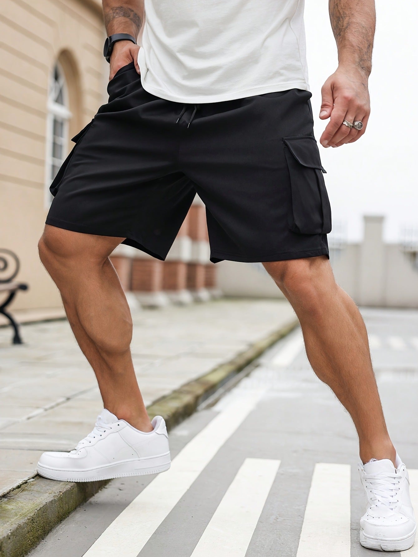 Men's Plus-size Casual Cargo Shorts with Drawstring, Elastic Waistband